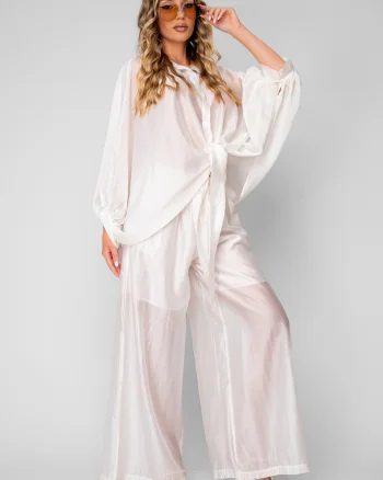 Set Summer Shells camasa si Pantalon lung din mix matase Off White