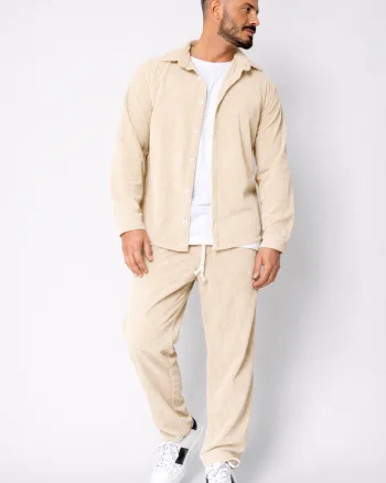Set Camasa si Pantalon Lung drept din reiat Beige