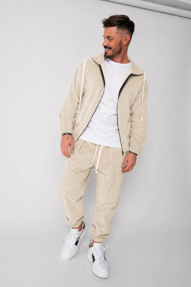 Set Hanorac cu fermoar si Pantalon Lung din reiat Corduroy Light Beige
