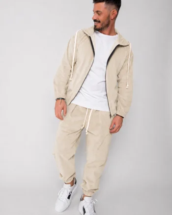 Set Hanorac cu fermoar si Pantalon Lung din reiat Corduroy Light Beige