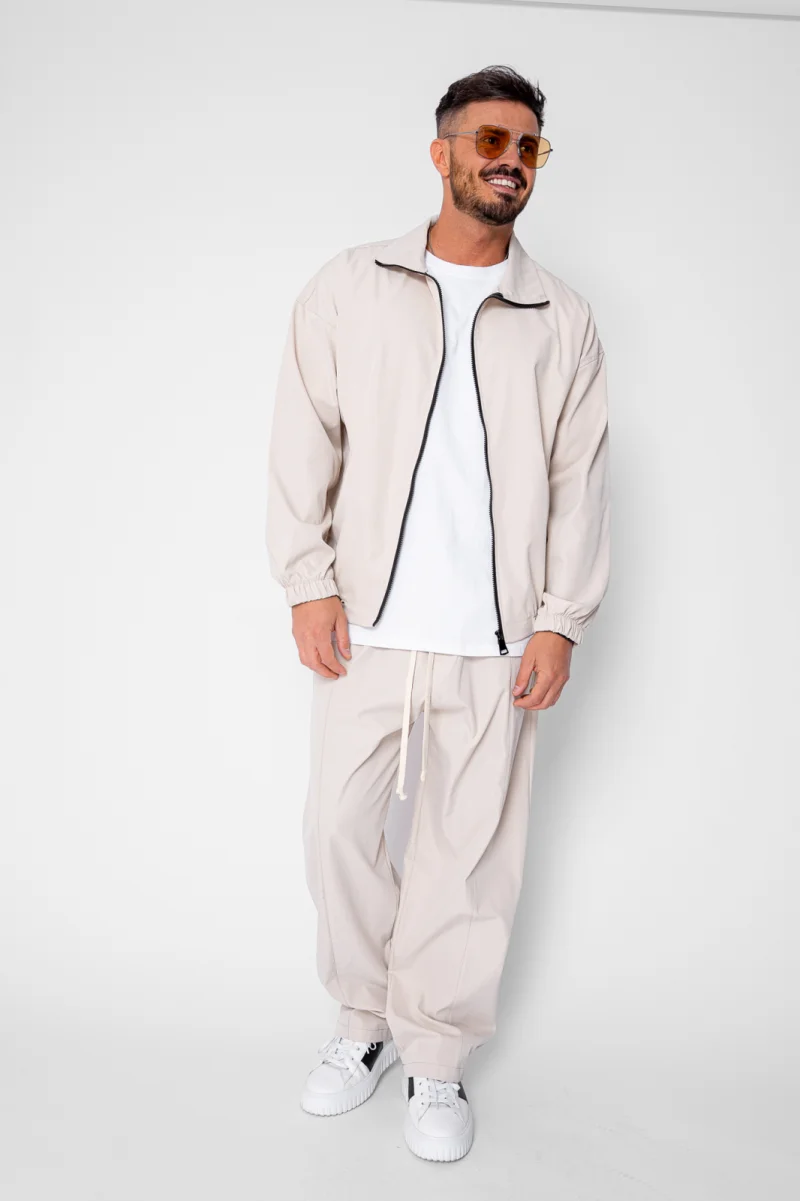 Set Heavy Windbreaker Jacheta cu fermoar si pantalon lung din fas Beige