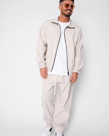 Set Heavy Windbreaker Jacheta cu fermoar si pantalon lung din fas Beige