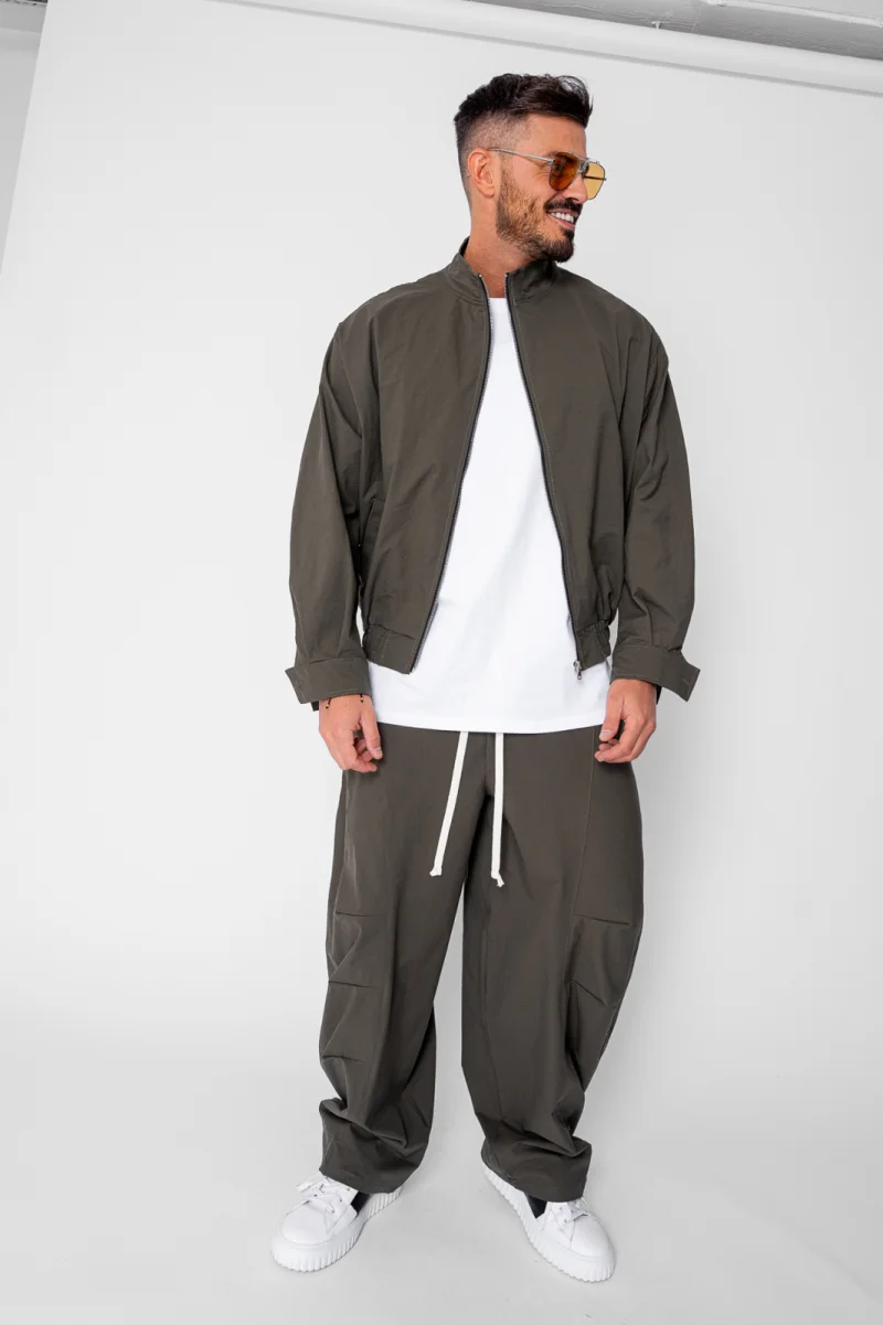Set Oversized Windbreaker Jacheta cu fermoar si pantalon lung din fas Dark Olive
