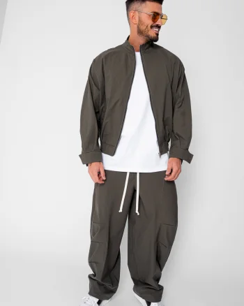 Set Oversized Windbreaker Jacheta cu fermoar si pantalon lung din fas Dark Olive