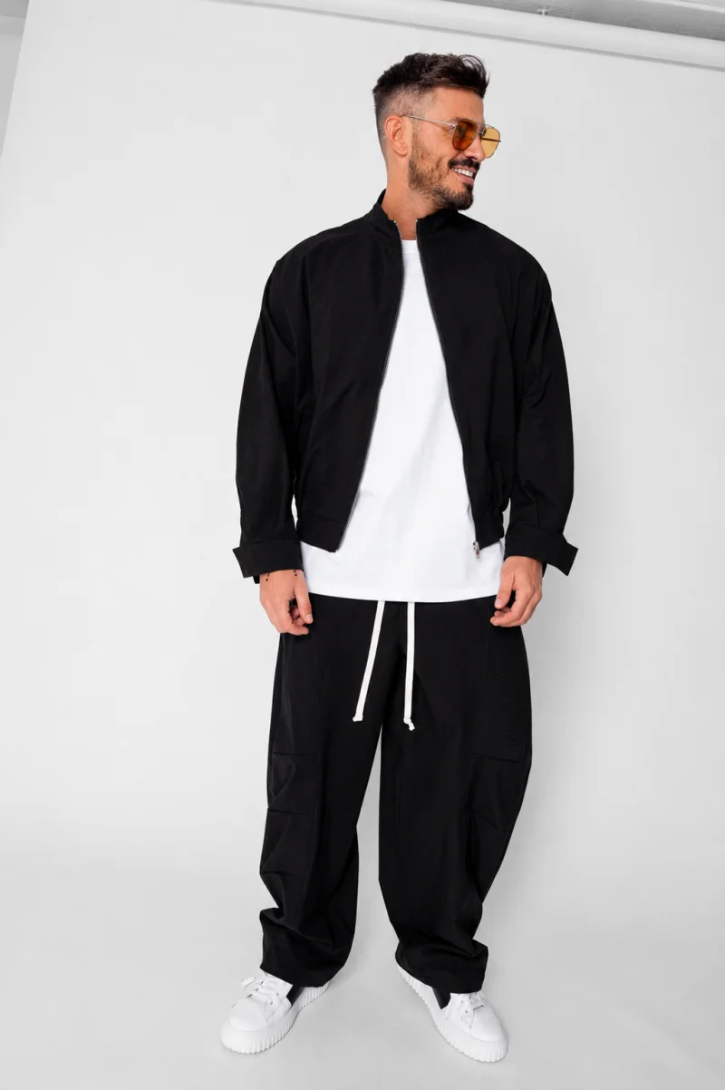 Set Oversized Windbreaker Jacheta cu fermoar si pantalon lung din fas Black