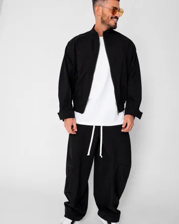 Set Oversized Windbreaker Jacheta cu fermoar si pantalon lung din fas Black