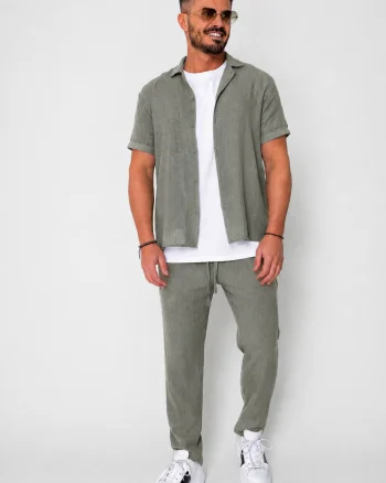 Set Tricotat Camasa maneca scurta si Pantaloni lungi Dark Olive