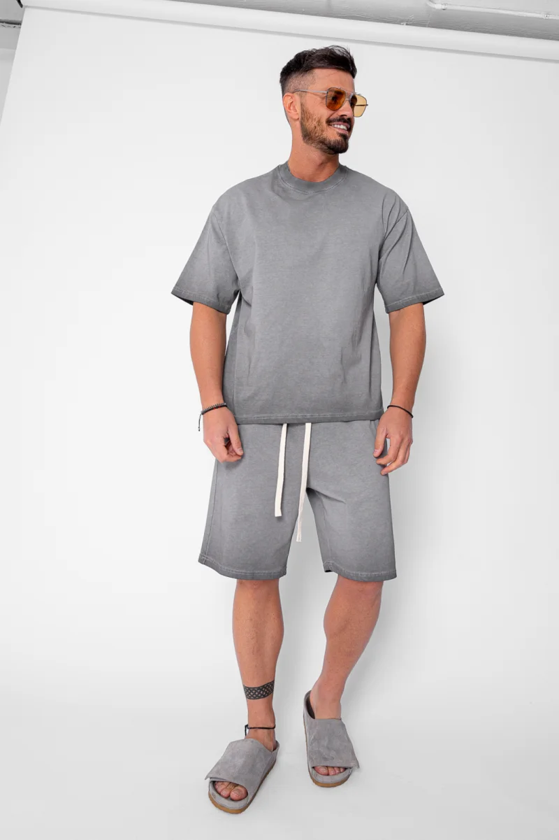 Set tricou si pantalon scurt cu efect prespalat Grey