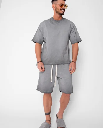 Set tricou si pantalon scurt cu efect prespalat Grey