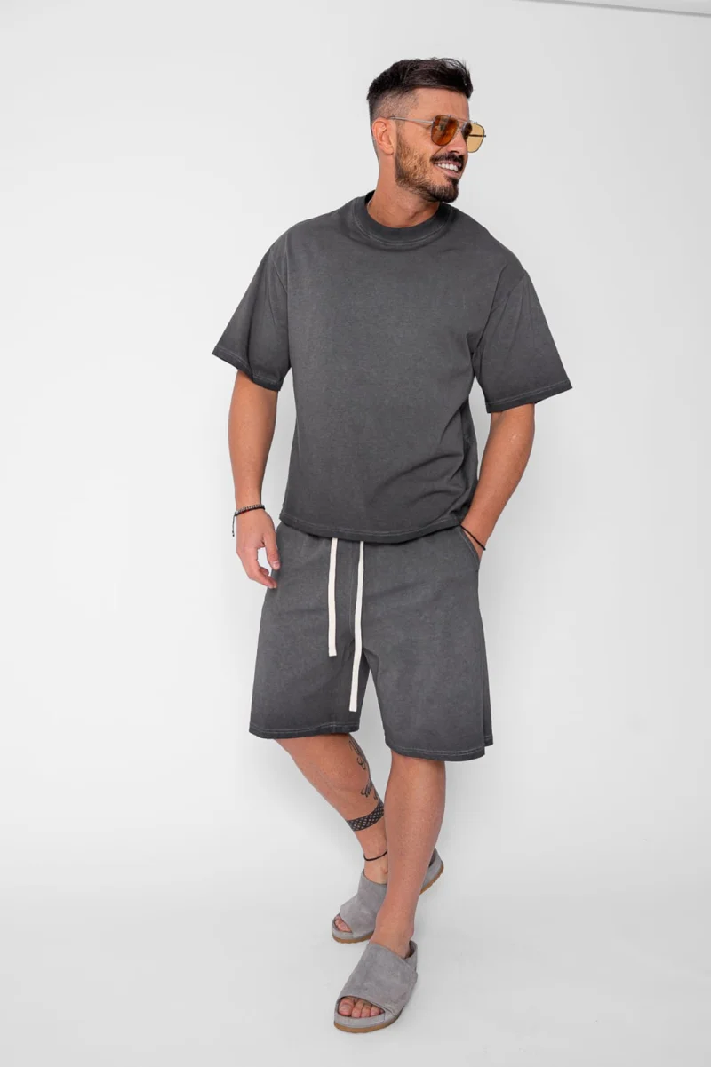 Set tricou si pantalon scurt cu efect prespalat Grey Anthracite