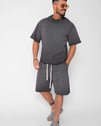 Set tricou si pantalon scurt cu efect prespalat Grey Anthracite