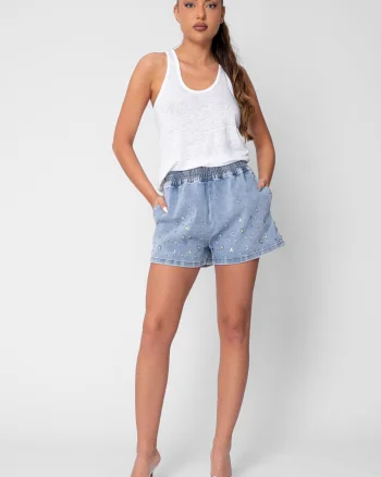 Blugi scurti cu elastic in talie si strasuri Blue
