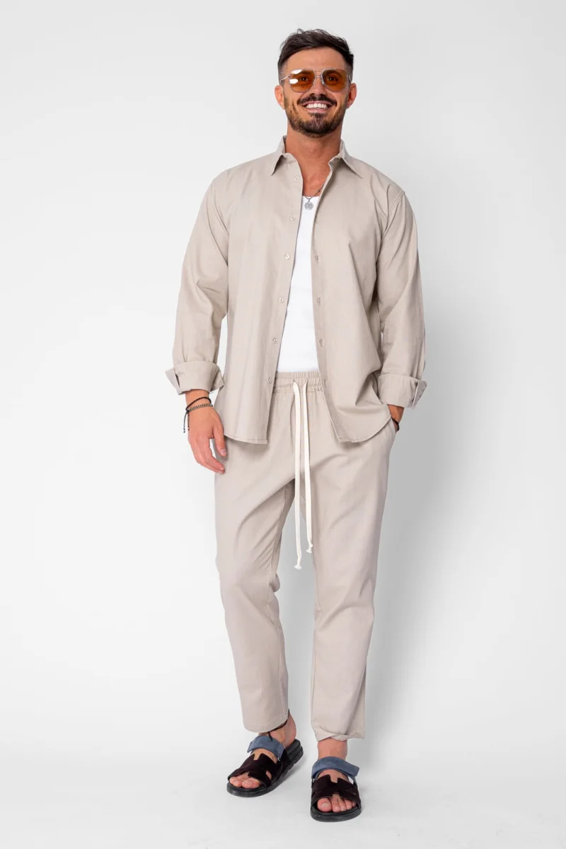 Set Lino Long camasa si pantalon lung din In Premium Edition Beige