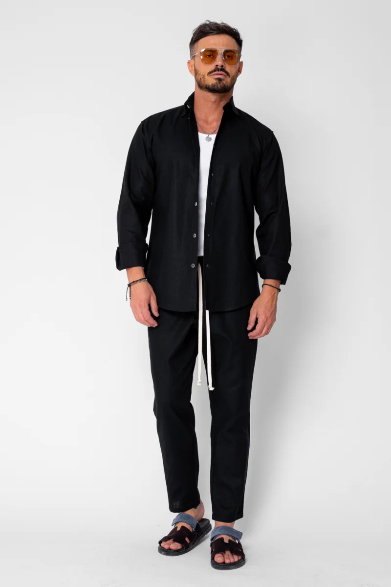 Set Lino Long camasa si pantalon lung din In Premium Edition Black