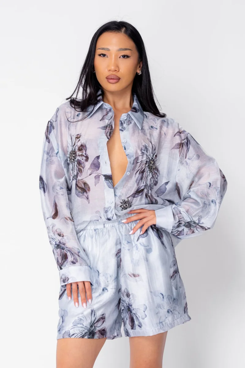 Set Camasa maneca lunga si pantalon scurt Blue Grey