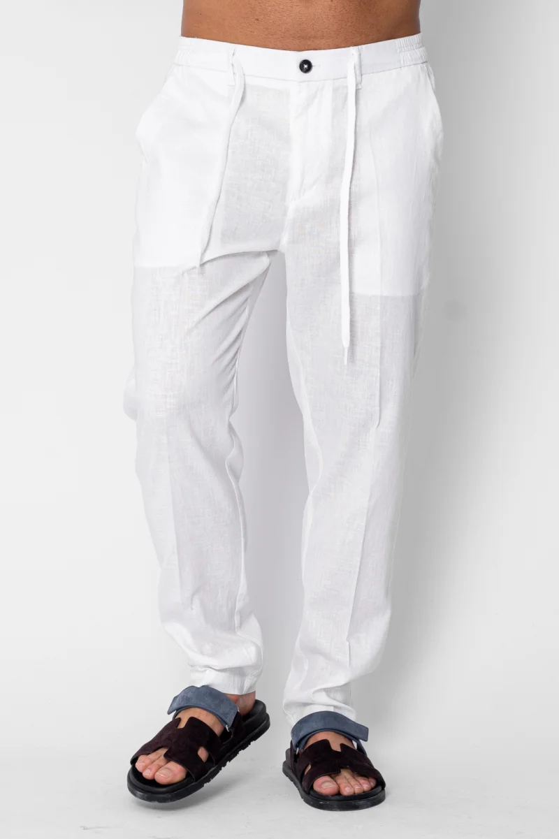 Pantaloni lungi din IN cu nasture si snur Premium Edition White