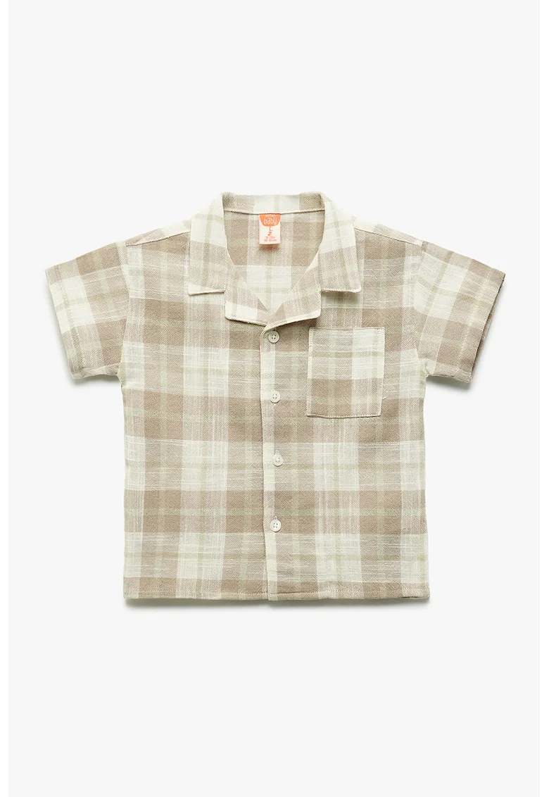 Camasa din bumbac cu model in carouri si maneci scurte, Maro taupe/Alb murdar