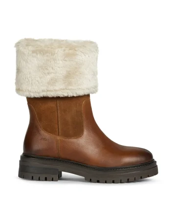 Cizme mid-calf de piele si piele intoarsa cu garnitura de blana sintetica, Alb/Maro cognac