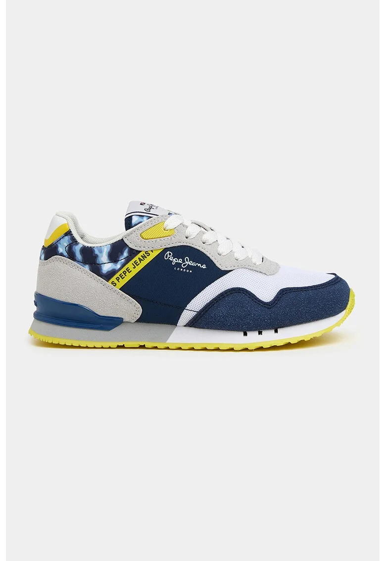 Pantofi sport de piele ecologica si piele intoarsa sintetica, Alb/Galben/Bleumarin