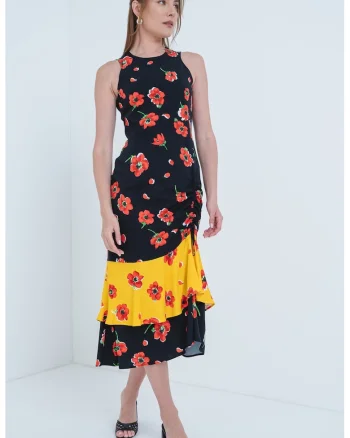 Rochie midi cu model floral, Rosu/Negru/Galben sofran