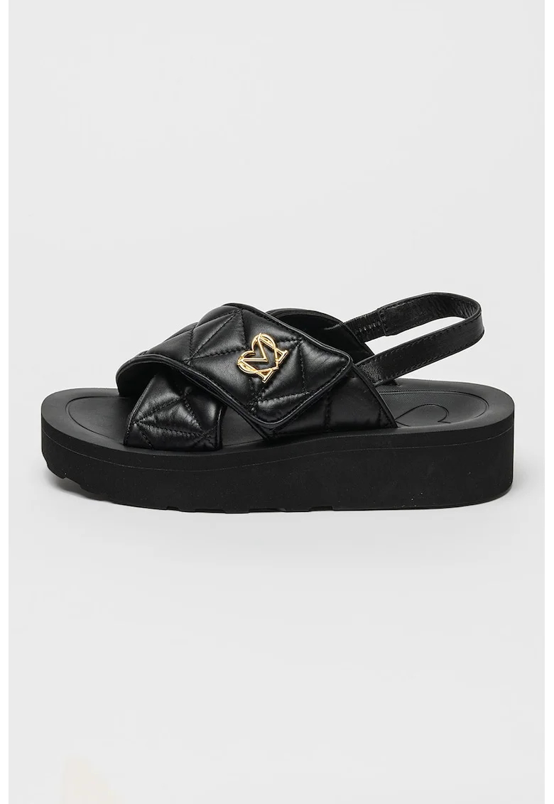 Sandale slingback din piele cu detaliu logo, Negru