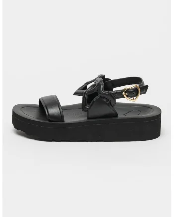 Sandale din piele cu talpa wedge, Negru