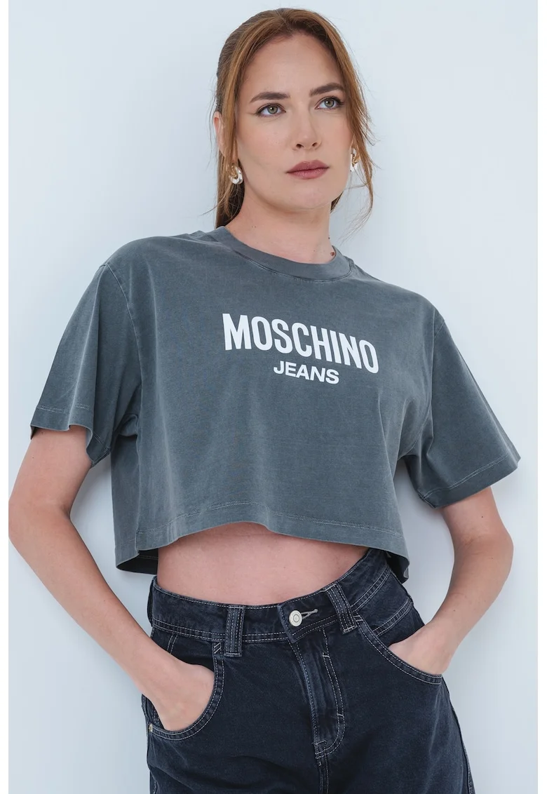 Tricou crop cu logo, Alb optic/Gri inchis