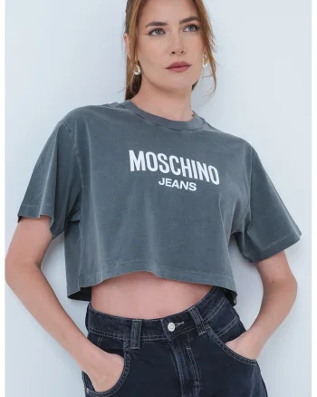 Tricou crop cu logo, Alb optic/Gri inchis