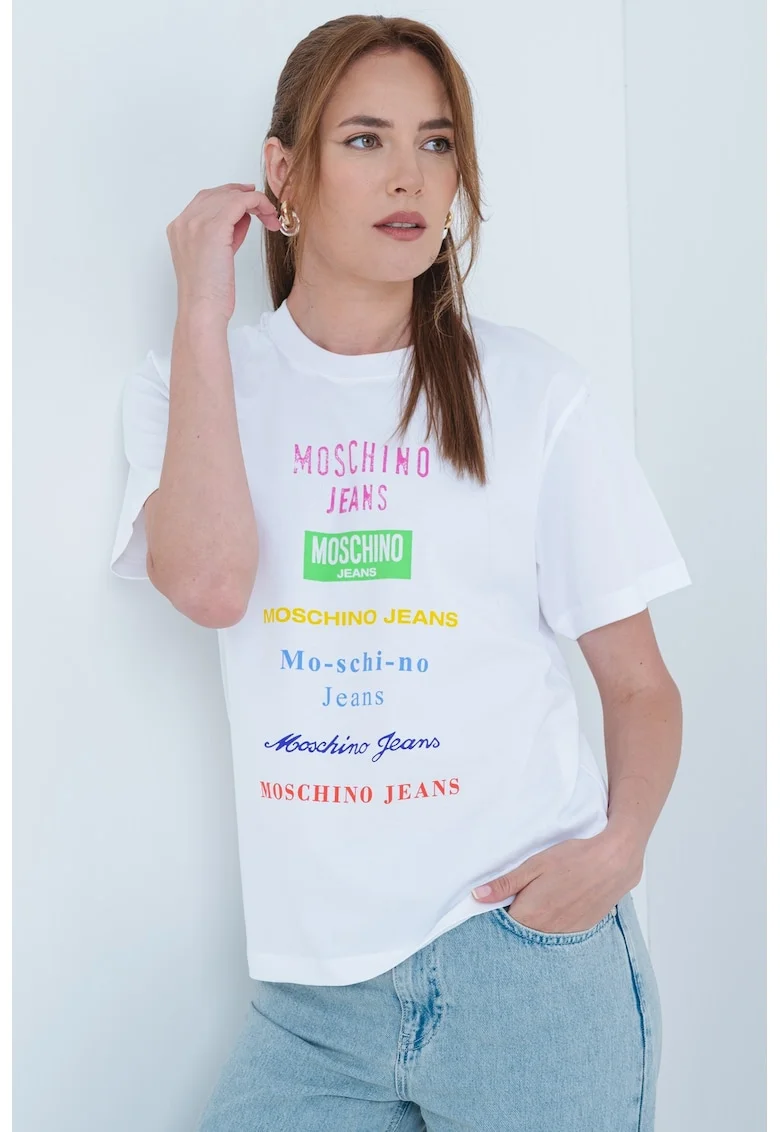 Tricou cu decolteu la baza gatului si logo, Roz fandango/Verde electric/Alb optic