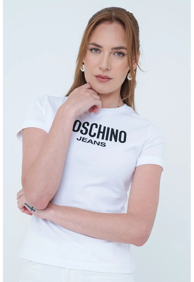 Tricou slim fit cu logo, Negru/Alb optic