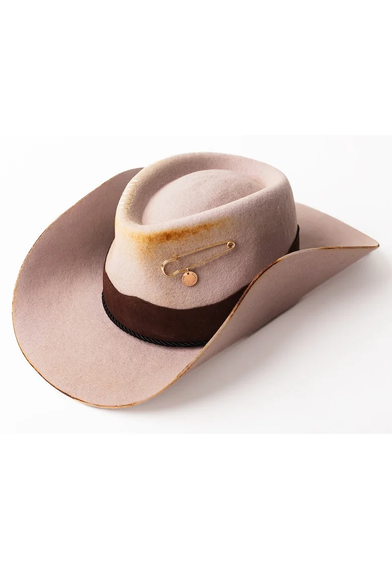 Palarie cowboy unisex din lana cu detalii cu aspect ars, Grej