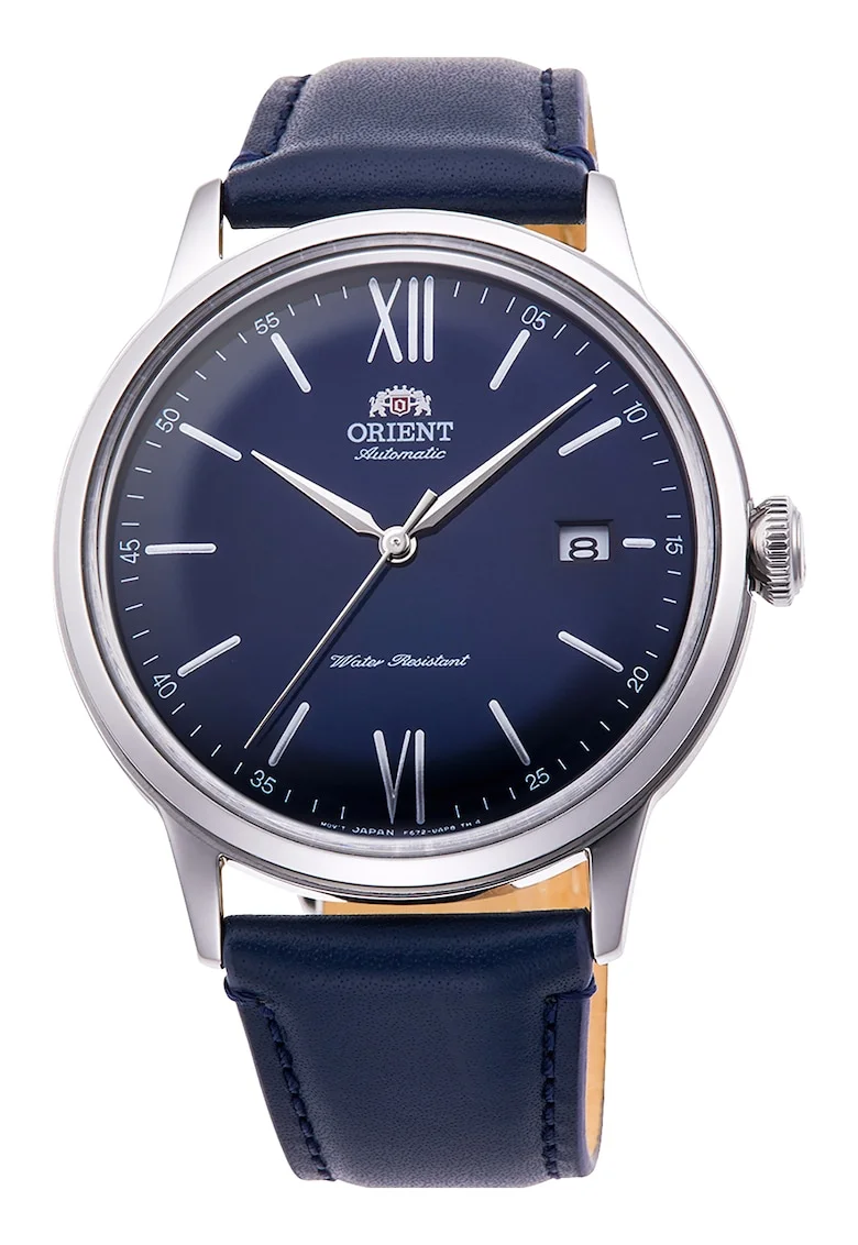 Ceas automatic cu o curea de piele, Bleumarin inchis/Argintiu