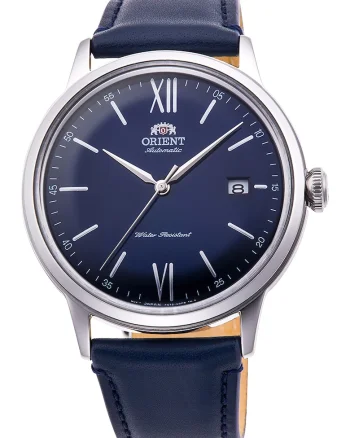 Ceas automatic cu o curea de piele, Bleumarin inchis/Argintiu