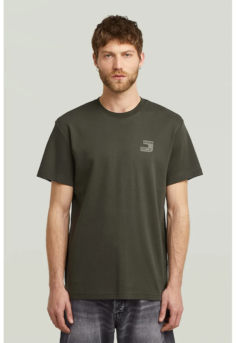Tricou din bumbac organic cu decolteu la baza gatului, Kaki inchis