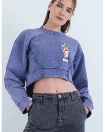 Bluza de trening crop cu imprimeu grafic, Alb/Violet