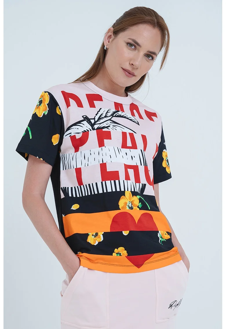 Tricou cu model frontal si decolteu la baza gatului, Rosu/Negru/Portocaliu