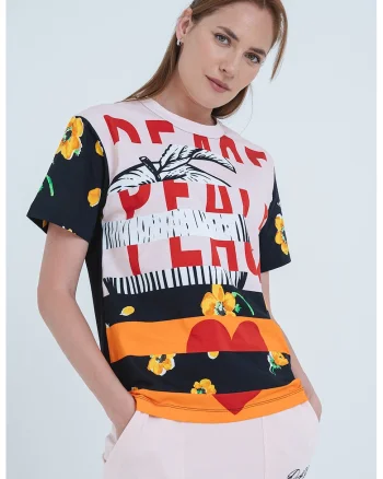 Tricou cu model frontal si decolteu la baza gatului, Rosu/Negru/Portocaliu