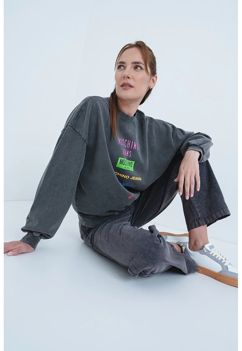 Bluza de trening cu imprimeu logo, Roz/Gri inchis