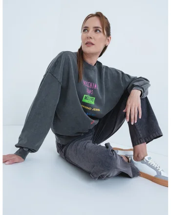 Bluza de trening cu imprimeu logo, Roz/Gri inchis