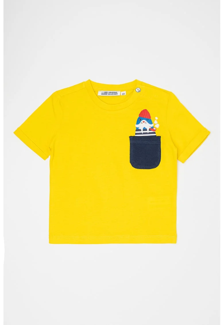 Tricou de bumbac cu decolteu la baza gatului, Galben/Albastru inchis