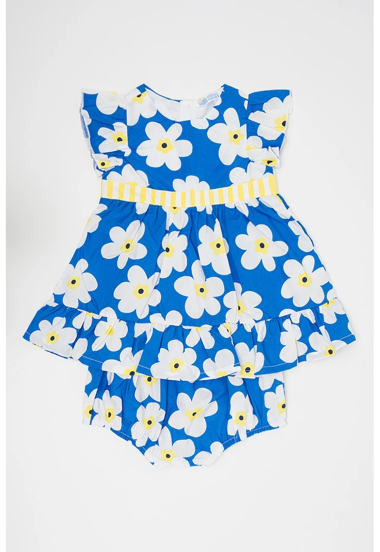 Rochie de bumbac cu model floral, Galben deschis/Albastru royal/Alb murdar