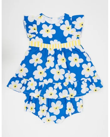 Rochie de bumbac cu model floral, Galben deschis/Albastru royal/Alb murdar