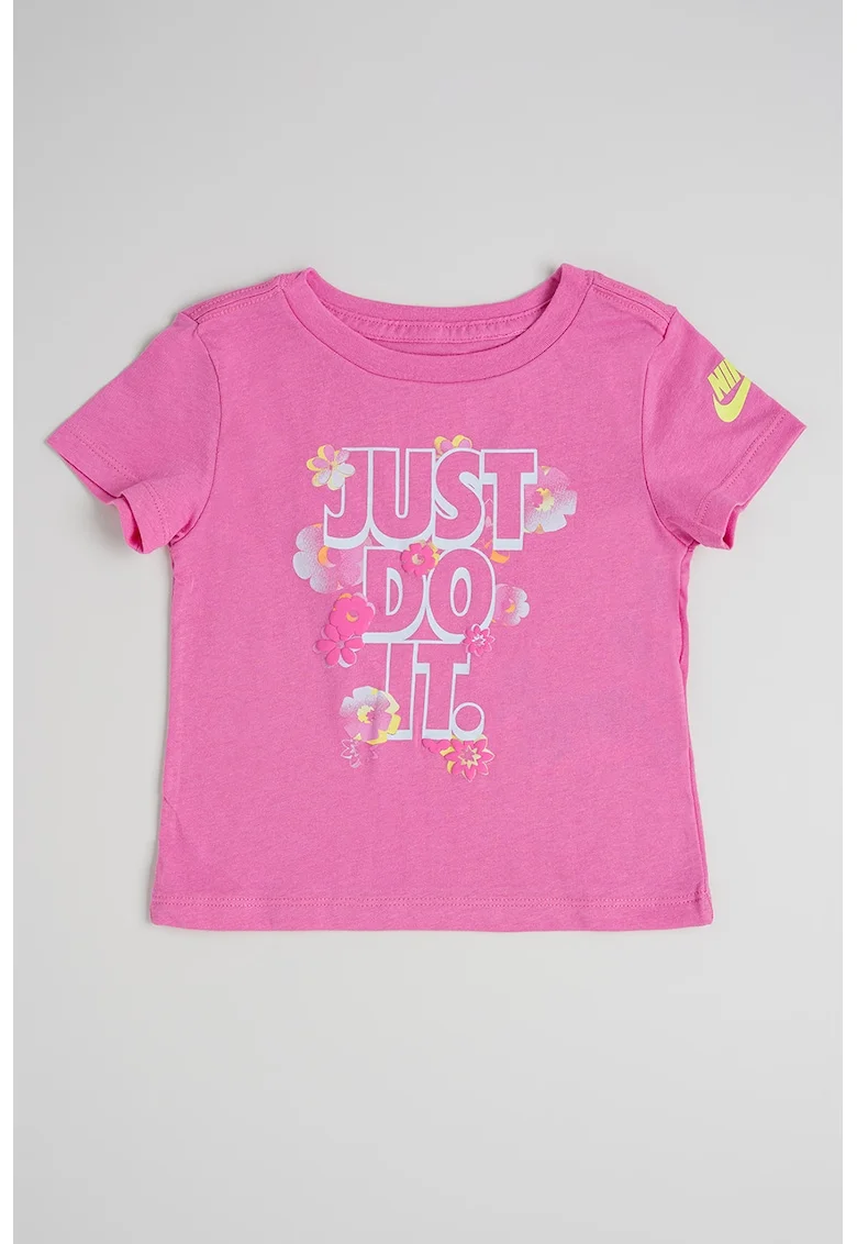 Tricou cu mesaj si model floral, Alb/Galben/Roz deschis