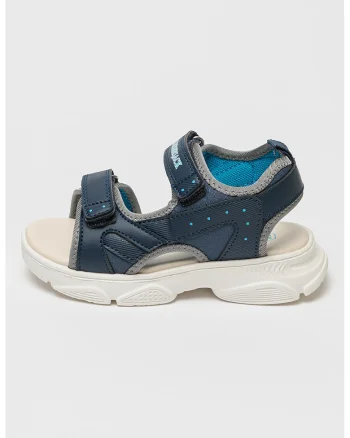 Sandale cu velcro si insertii de piele ecologica, Albastru glaciar/Bleumarin