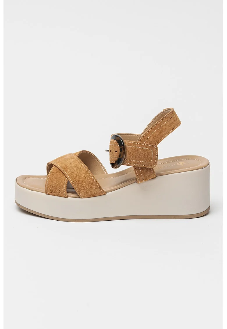 Sandale wedge de piele intoarsa, Maro deschis