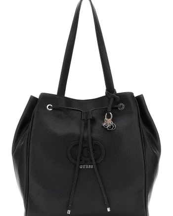 Geanta bucket de piele ecologica cu accesoriu logo, Negru