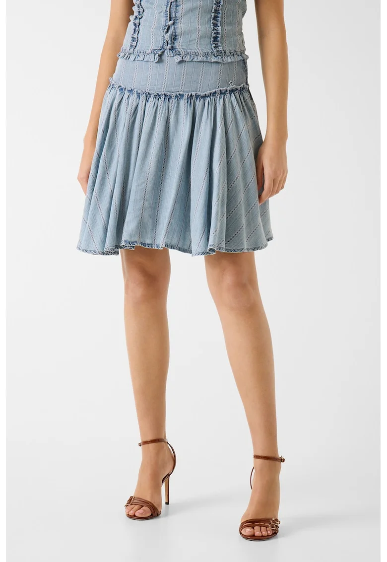 Fusta mini evazata din material chambray, Albastru deschis