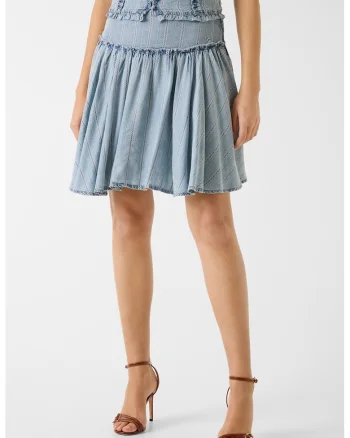 Fusta mini evazata din material chambray, Albastru deschis