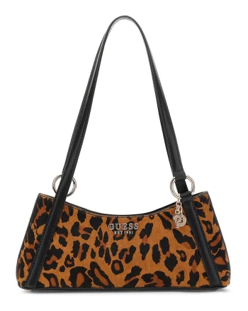 Geanta baguetter de piele cu animal print, Maro inchis/Negru
