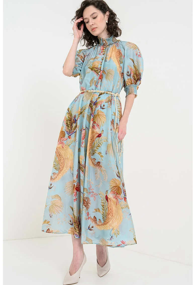 Rochie de matase cu imprimeu si croiala A, Albastru aquamarin/Coral/Verde deschis